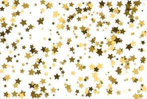 Random falling gold stars on white background. Glitter pattern for banner, greeting card, Christmas and New Year card, invitation, postcard, paper packaging vector