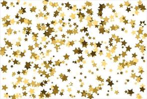 Random falling gold stars on white background. Glitter pattern for banner, greeting card, Christmas and New Year card, invitation, postcard, paper packaging vector