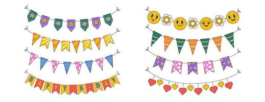 Groovy flags for Birthdays. Colorful retro bunting and garlands. 70s, 80s, 90s vibes. Vintage element for card, poster and print vector