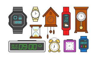 Set of colored clock icons. Vector illustration in linear style.