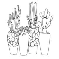 Minimalist Cactus Line Art, Simple Succulent Drawing, Black White , Abstract Vase Art vector