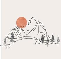 Minimalist Mountain Line Art, Landscape Outline Drawing, Sport Illustration, Vector Design, Nature, Pine Tree, Woods, Sunrise, Sunset, Beautiful View, Forest