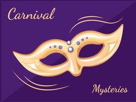 Purim and Mardi Gras costume golden mask, carnival elegant mask in cartoon style, vector decorative object for parties and festivals.