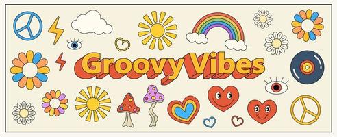 Group of groovy elements in 1970s style, groovy vibes phrase with set of decorative objects, flowers, daisy, sun, peace symbols, hearts, mushroom, vinyl disc and rainbow. vector
