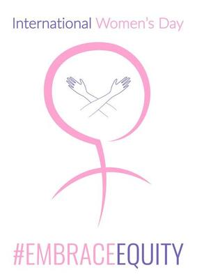 EmbraceEquity movement poster, greeting with International Women's Day with symbol of Feminine with hugging hands, vector template, brochure, flyer.