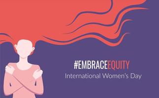 EmbraceEquity movement poster, greeting with International Women's Day with redhead woman hugging herself, vector template.