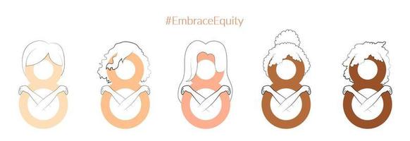 International Women's Day eights with hugging arms, stylized like different cultures women. Embrace equity movement illustration elements. 2023 women's day theme - EmbraceEquity. vector