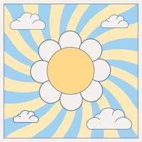 Sunflower in the sky with wavy sun rays, groovy poster in 1970s style, drawing in groovy style, vector banner, poster, card in 70s old fashioned style.