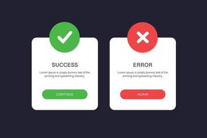 éxito y error informacion mensaje resumen ui pancartas si y No, aceptado y negado . Seguir y tratar de nuevo botones. vector