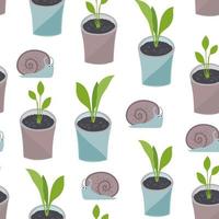 home flowers in pots and doodle snails. seamless vector pattern