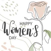 Happy Women's Day greeting card. Hand drawn vector line calligraphy. One rose flower. Elegant banner with women's day. Template for poster, postcard, banner.