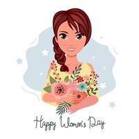 March 8, International Women's Day. A cute girl is holding a bouquet of flowers. Vector template with an inscription. Vector illustration.