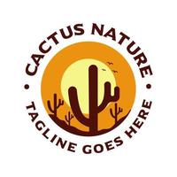 Clásico ilustración de Desierto cactus con montaña vista, Dom y aves de presa. acantilado y cactus viaje logo vector