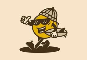 Yellow ball character wearing beanie and holding a surfing board vector