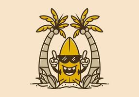 Surfing board character under the coconut tree vector