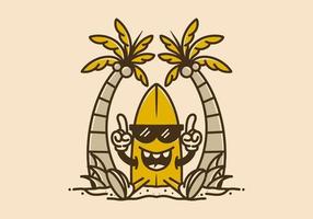 Surfing board character under the coconut tree vector