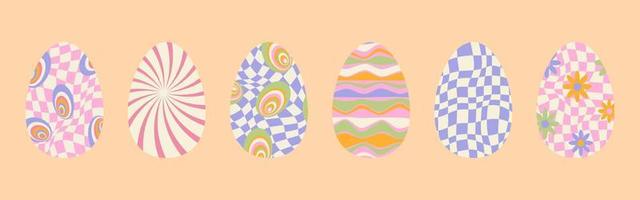 Groovy Easter eggs Twisted and distorted vector texture in trendy retro psychedelic style. Funky hippie 70s backgrounds. Y2k aesthetic. Set of easter eggs in Colorful optical illusion