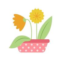 Bright spring flowers in colorful pot. Yellow dandelions in  red flower pot. Botanical design element for fabrics, textiles, postcards, patterns, paper. Spring vector illustration on white background