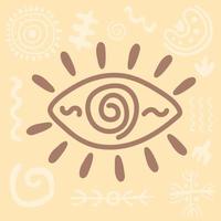 Primitive ethnic ornament, petroglyph. Sign, symbol human eye. Ancient patterns. Spiral drawings of an ancient tribe, stone age. Design element for textiles, paper, fabrics. Vector illustration