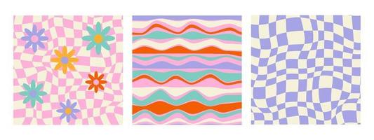 Groovy trippy 1970s Retro pattern  with daisy, wave, chess, mesh. Set of psychedelic abstract backgrounds in trendy retro y2k style. Hippie Aesthetic 60s, 70s, 80s style. Vector Illustration