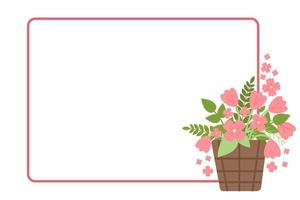 Rectangular decorative frame with bouquet of flowers in wicker basket. Template for poster, invitation, postcard, greeting card. Bouquet of tulips hand drawn. Copy space. Vector illustration