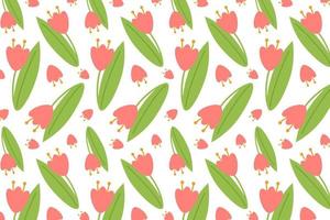 Seamless pattern of red tulips on green stem with leaves isolated on white background. Floral print for posters, cards, clothes, nursery. Decoration of flower shops. Vector illustration. Cartoon style