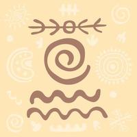 Primitive ethnic ornament, petroglyph. Sign, spirals, wavy lines, zigzags, arrows. Ancient patterns. Spiral drawings of ancient tribe, stone age. For print, textiles, fabrics. Vector illustration