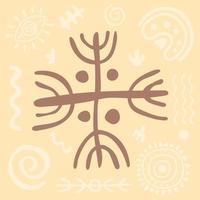 Primitive ethnic ornament, petroglyph. Symbol, cross Icon. Ancient patterns. Drawings of ancient tribe, stone age. Prehistoric art of cavemen. For print, textiles, fabrics. Vector illustration