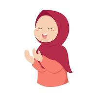 Moslem Girl wearing hijab and praying. Children kids cartoon character. Flat vector illustration.