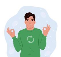 Processing. Young smiling man chooses and buys recycled clothes. Conscious consumption to minimize waste and environmental impact. Vector flat illustration.
