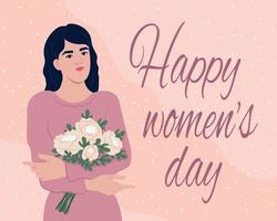 hermosa joven mujer con un ramo de flores de peonias De las mujeres historia mes. saludo tarjeta para internacional De las mujeres día. marzo 8 celebracion. De las mujeres el respeto y solidaridad. vector