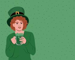 Happy St. Patrick's Day. Young happy Irish woman celebrating St. Patrick's Day and holding a mug of beer in her hands. Vector flat illustration isolated on white.