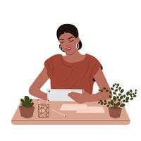 An accountant works in finance. Young smiling African American woman holding a tablet PC, paper. A beautiful business lady is working at the office desk. vector