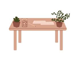 Office table with various objects. Pencils, paps, flower pots at the workplace. vector