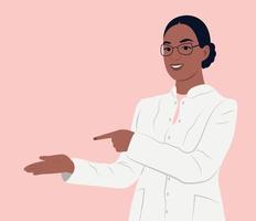 Black female doctor in medical uniform pointing and showing smth with hand. Vector flat illustration