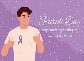 A young smiling man expresses support for an epileptic. Purple day. Support for epilepsy. Around the world. Epilepsy information tape. Vector flat illustration.