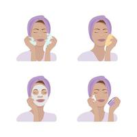 Set of 4 characters for beauty and skin care concept. Young woman washing face, moisturizing, applying mask and cream. vector