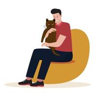 hombre abrazando su mascota gato vector