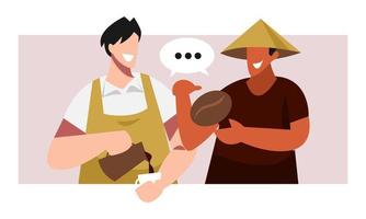 happy barista and coffee farmer chatting. male barista making coffee, farmer holding coffee bean. concept of coffee, nature, plants. flat vector illustration.