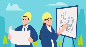 arquitectos, ingenieros hombres y mujer. ver planos, dibujar construcción diseño bocetos vistiendo un difícil sombrero. plano vector gráfico diseño.