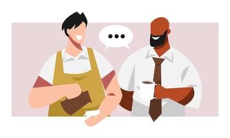 barista and businessman chatting male barista making coffee, businessman holding coffee in mug. concept of coffee, business, interaction, customer. flat vector illustration.