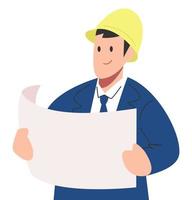 male architect, engineer looking at blueprint sketch paper, work plan. wear a hard hat. flat vector graphic design.