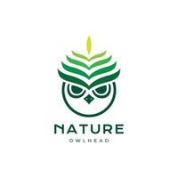 Arte búho cabeza verde hojas naturaleza animal nocturno carnívoro logo diseño icono vector ilustración