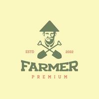 old man farmer hat shovel bearded mustache vintage logo design vector icon illustration