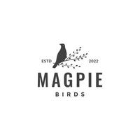 magpie bird perched twig tree leaves singer forest hipster logo design icon vector illustration