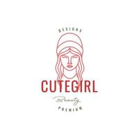 cute girl face long hair with headgear lines minimalist logo design icon vector illustration