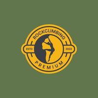 cool young man sport outdoor mount rock climbing circle badge logo design vector icon illustration