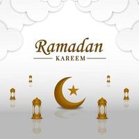 Ramadán especial saludo tarjeta diseño, islámico diseño con realista antecedentes de linternas y blanco papel estilo nubes vector