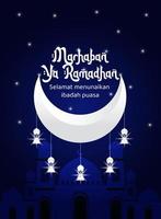 Marhaban ya ramadan, islamic month of ramadan greeting card design, with moon,mosque and lantern vector