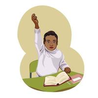 A dark-skinned schoolgirl girl at a desk with an open book pulls her hand. The educational process in elementary school vector